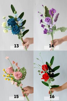 four different types of flowers being held by someone's hands with the numbers on them