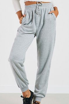 Women Gray High Waist Drawstring Stretch Casual Sweatpants - XL Outfits With Grey Sweatpants, Gray Sweatpants Outfit, Pencil Pant, Pocket Sweatpants, Black Leggings Outfit, Cute Scarfs, Uggs Outfit