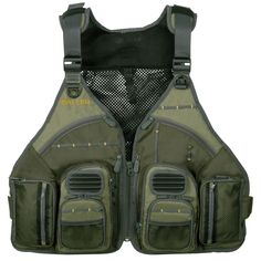 a green fishing vest with mesh pockets on the front and back, attached to a white background