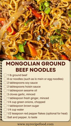 A savory and flavorful dish with tender ground beef, hearty noodles, and a rich Mongolian-inspired sauce, perfect for a quick and satisfying dinner.  Cook noodles according to package instructions and set aside. In a large skillet, heat sesame oil over medium heat. Add ground beef and cook until browned, breaking it up as it cooks. Add garlic, ginger, and red pepper flakes (if using) to the pan and cook for 1-2 minutes until fragrant. Stir in soy sauce, hoisin sauce, brown sugar, and water. Simmer for 2-3 minutes until the sauce thickens. Add cooked noodles and toss to coat. Garnish with green onions before serving. #MongolianBeefNoodles #GroundBeefRecipes #QuickDinner #AsianInspired #SavoryNoodles Ginger Beef Noodles, Medium Ground Beef Recipes, Ground Beef Asian Noodles, Healthy Mongolian Beef, Cheap Quick Dinners, Hoisin Beef Noodles, Mongolian Beef Noodles, Hoisin Beef, Mongolian Ground Beef Noodles