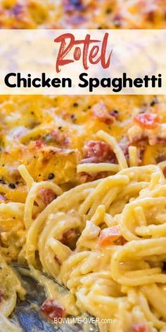 a plate full of chicken spaghetti with text overlay that reads rotel chicken spaghetti