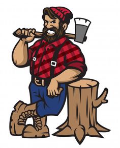 an image of a lumber man sitting on a tree stump with an ax in his hand