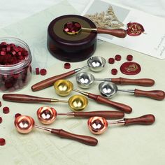 the kitchen utensils are lined up next to each other and ready to be used