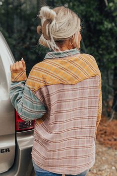 - Stroll through the pumpkin patch in this trendy button-up! - Unlined material with panels of different blue, yellow, and purple hued plaid prints - A collared neckline - A buttoned front - Frayed seam accents - A functional chest pocket - A relaxed silhouette that ends in a subtly rounded hemline Color Block Button-up Tops For Fall, Plaid Button-up Tops, Fall Plaid Top With Placket, Plaid Patchwork Tops For Fall, Plaid Patchwork Flannel Shirt For Fall, Casual Yarn-dyed Tops For Fall, Fall Gingham Button-up Tops, Multicolor Button-up Top For Fall, Gingham Button-up Tops For Fall