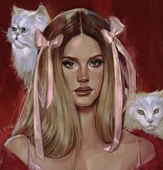 a painting of a woman with two cats on her shoulder and one cat behind her head