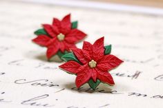 Poinsettia Earrings, Holiday Accessories, Red Poinsettia, Polymer Clay Christmas, Clay Jewelry Diy, Earrings Christmas, Winter Flowers, Holiday Earring, Polymer Clay Projects