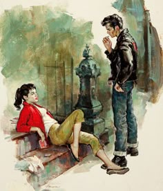 a man standing next to a woman sitting on a bench