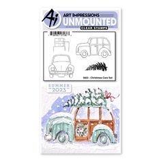 an art impressionss clear stamp set featuring a car with a christmas tree on top