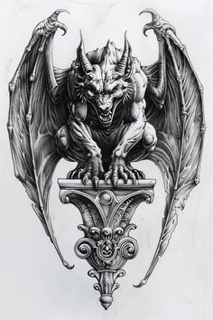 Backdrop Tattoo Ideas, Gargoyle Sleeve Tattoo, Gargoyle Wings Tattoo, Big Gothic Tattoo, Gothic Gargoyles Tattoo, Cemetery Tattoo Graveyards, Gargoil Tattoo Gothic Gargoyles