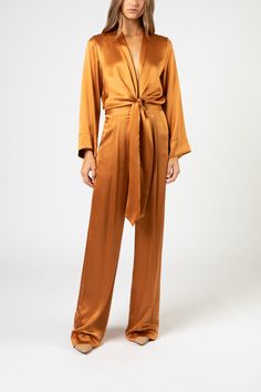 Plunge neckline long sleeve blouse in pure silk charmeuse. Features front ties that can be tied at front or wrapped around to the back. Made in USA. Composition: 100% silk Silk Pants Outfit, Silk Sonic, Friday Fashion, Kimono Blouse, Lemon Dress, Silk Suit, Orange Cake, Vintage Glam, Plunge Neckline