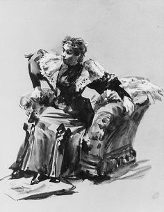 a black and white drawing of a woman sitting in a chair