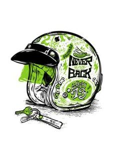 a drawing of a motorcycle helmet with the words never back on it