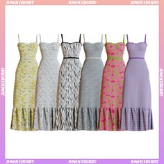 five dresses are lined up in different colors and patterns, with the words dance cherry on them