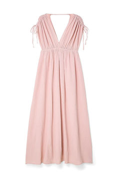 V-neck Front and Back Maxi Dress Uzun Boy, Dusty Rose Dress, Pink Maxi Dress, Flowy Skirt, Back Design, Dress Pink, Stretchy Material, Open Back, Relaxed Fit