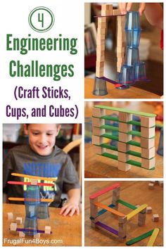 the instructions for building wooden blocks with colored sticks and glues are shown in three different pictures