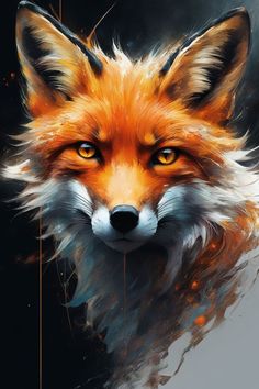 a painting of a fox with orange eyes