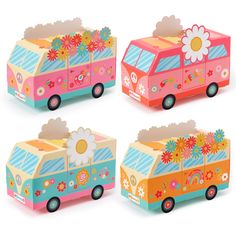 four cardboard vehicles with flowers and clouds on the top one is pink, blue, yellow and orange