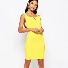 Wow Couture Thick Stretch Textured Fabric Square Neckline Boned V Front Zip Back Fastening Bodycon Fit Color: Yellow 90% Polyester, 10% Spandex New With Tags Retail $142 Measurements M: Underarm To Underarm 15” Waist 25” Length 36” Coral Bodycon Dress, Neck Bandage, V Neck Mini Dress, White Bodycon, Chevron Dress, Knitted Bodycon Dress, Form Fitting Dress, Lace Bodycon, Lace Bodycon Dress