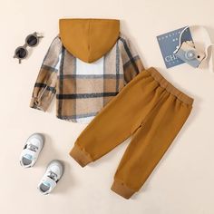 GRNSHTS Toddler Baby Boy Clothes Long Sleeve Tops Plaid Hoodie Sweatshirt + Sweatpants Little Boy Fall Winter Outfits Set Hooded Flannel Outfit, Button Hoodie, Plaid Hoodie, Flannel Outfits, Boys Pattern, Hooded Flannel, Boys And Girls Clothes, Plaid Sleeve, 2 Piece Outfit