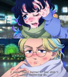 two anime characters, one with glasses and the other with blonde hair in front of city lights