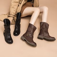 Womens Retro Leather Mid Calf Boots for Winter Buckles Boots Coffee/Brown/Black Mid Rise Boots, Leather Mid Calf Boots, Boots For Winter, Handmade Leather Boots, Oxford Boots, Buckle Ankle Boots, Chelsea Boots Women, Sheepskin Boots, Buckle Boots