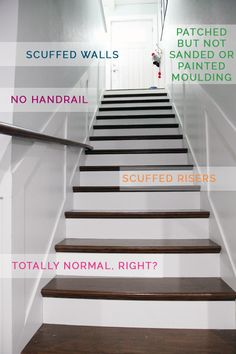 the stairs are labeled in different colors and names for each stair case, which is painted white with dark wood treads