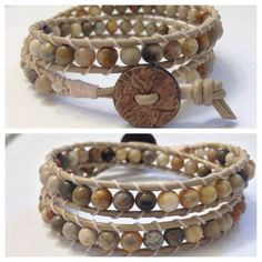 This double wrap bracelet features 6mm crazy lace agate round beads. Hand stitched to tan leather cord with matching heavy duty C-lon thread. The end is finished with a tan plastic button. Designed to fit a 7" wrist comfortably.  If you like this bracelet but need a smaller or larger size, please email me. I will be more than happy to make it in your size. Adjustable Earthy Hand Wrapped Bracelet, Earthy Adjustable Hand Wrapped Bracelet, Earthy Hand-strung Brown Wrap Bracelet, Earthy Brown Hand-strung Wrap Bracelet, Adjustable Hand-strung Brown Leather Bracelet, Rustic Adjustable Hand-wrapped Bracelet, Rustic Adjustable Wrap Bracelet, Rustic Adjustable Hand Wrapped Bracelet, Handmade Adjustable Round Wrap Bracelet