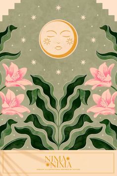 an art nouveau poster with pink flowers in front of a green background and the moon above it