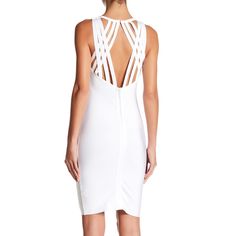 $90 Nwt Wow Couture Strap Back V-Neck Sheath Dress Size: Sz S Color: White Brand New With Tags - V-Neck - Sleeveless - Back Strap Detail - Back Cutout With Hook-And-Eye Closure - Back Partial Hidden Zip Closure - Approx. 36" Length (Size S) 90% Polyester, 10% Spandex Hand Wash Cold Fit: This Style Is One Size Fits Most. Super Stretch Model Is Wearing Size S. White Mini Dress With Cutout Back For Party, Chic V-neck Bandage Dress For Spring, Elegant White Bodycon Dress With Back Zipper, White V-neck Mini Dress With Back Zipper, White Bodycon Mini Dress With Back Zipper, Chic White Bodycon Dress With Back Zipper, White Mini Dress With Cutout Back For Evening, White Stretch Bandage Dress For Spring, White Knee-length Bandage Dress For Night Out