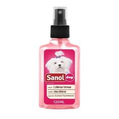 sanol deodorant spray for dogs with pink liquid and white dog's head