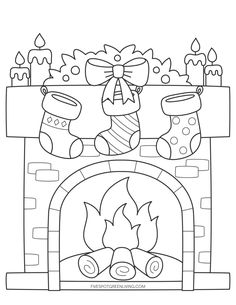 a fireplace with stockings and candles on it coloring page for children to print out or color