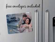 an image of a refrigerator with magnets on it and the words free envelopes included