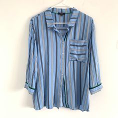 French Designer: Maison 123 Paris, Sold In Anthropologie Blue White Vertical Striped Shirt. Size: Fr42 Description: V-Neck. Buttons Down Long Sleeves With Button Cuff Patch Pocket On Chest 100% Viscose. Color: Light Blue, Navy & White. New Without Tags. Ships Same Business Day Reasonable Offers Always Welcome. Stock Photos Are To Give You An Idea Only. Blue Blouse With Button Closure For Day Out, Blue Relaxed Fit Button-up Blouse, Blue Button Closure Blouse For Daywear, Blue Blouse With Button Closure For Daywear, Blue Button-up Blouse For Day Out, Blue Collared Top For Daywear, Blue Collared Shirt For Daywear, Blue Button-up Tops For Daywear, Blue Relaxed Fit Blouse With Button Closure