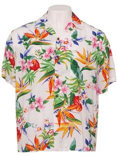 Passion Paradise White Rayon Men's Hawaiian Shirt White Tropical Top With Camp Collar, White Camp Collar Shirt With Tropical Print, Tropic Thunder, Hawaiian Design, Hawaiian Dresses, Hawaiian Designs, Floral Hawaiian Shirt, Hawaiian Dress, Mens Hawaiian Shirts