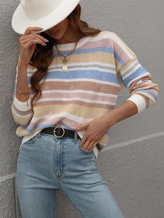 Our Quellise Top comes in a baby pink tone base with a multicoloured stripe pattern. It features a crew neckline and a long straight sleeves for a relaxed, comfortable fit. This cute knit is perfect for layering during the fall months ahead! Size Guide: Tina is 5’2” tall, and has a 33.2” bust, 24.5”waist, & 36.7” hips. She is wearing a S / US 4 / AU 8. This knit top is true to size. Feature: Crochet net detail, Relaxed fit, Stripe print, Maternity friendly. Material: 100% acrylic Care Instructio Crochet Net, Striped Knitwear, Sweater Tops, Round Neck Sweaters, Selling Clothes, Pink Tone, Women's Wardrobe, Navy And Green, Color Stripes