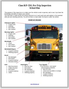 the school bus is labeled in red and white text, with information about its features