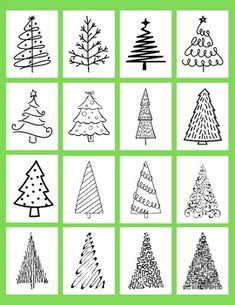 christmas trees are drawn on squares in black and white