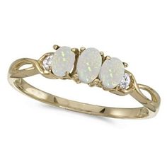 Oval Opal and Diamond Three Stone Ring 14k Yellow Gold (0.65ctw) -Allurez.com Wide Band Diamond Rings, 3 Stone Diamond Ring, Diamond Three Stone Ring, October Birthstone Rings, Aquamarine Engagement Ring, Three Stone Ring, Fine Jewelry Bracelets, Three Stone Rings, October Birth Stone