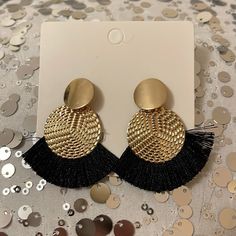 Fantasy Earrings, Black And Gold. Good Condition, Never Worn. Chic Black Round Earrings, Black Dangle Hoop Earrings For Party, Black Dangle Tassel Earrings For Party, Black Tassel Drop Earrings, Black Tassel Drop Earrings For Evening, Black Tassel Earrings For Party, Chic Black Hoop Earrings For Party, Ladies Bar, Fantasy Earrings