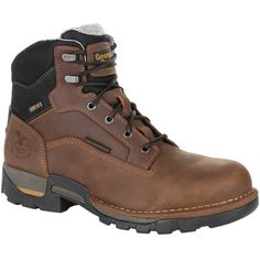 Check out the Georgia Boot Eagle One Waterproof Work Boot a lightweight all-purpose work boot packed with heavy duty performance features inside and out.The upper is crafted from full-grain SPR leather and features a padded collar and tongue with a removable leather Comfort Cover. The Comfort Cover provides protection while eliminating pinch points a leather tongue creates. Dual functioning hardware gives you the option of hooks or eyelets.The interior is built for supreme comfort. The Georgia W Georgia Boots, Steel Toe Work Boots, Work Boot, Toe Designs, Famous Brands, Work Boots, Brown Boots, Leather Heels, Boots Men