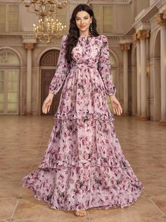 Pink Elegant Collar Long Sleeve Woven Fabric Floral,Plants,All Over Print A Line Embellished Non-Stretch  Women Clothing Dress For Women Party, Modest Floral Dress, Long Floral Maxi Dress, Clothing Business, Floral Print Dress Long, Party Kleidung, Rose Bonbon, Floral Dresses Long, Fabric Floral