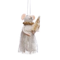 a white mouse ornament hanging from a string with gold sequins on it