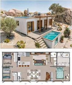 the floor plan for a modern house with an outdoor pool and hot tub in it