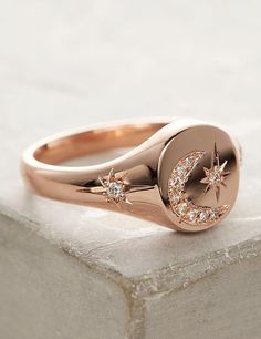 14kt gold and diamond star and moon signet ring - Luna Skye Moon Signet Ring, Engagement Necklaces, Diamond Signet Ring, Star And Moon, Choker Pendant, Bridal Engagement Rings, Diamond Star, Diamond Rings Bands, Moon Stars