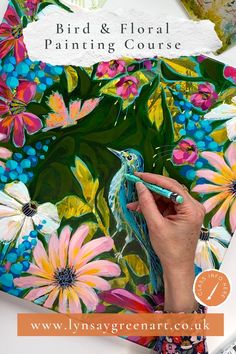 painting a bird ad flower painting in green, blues and pink. Using Mixed media art supplies Paintings Step By Step, Colorful Environment, Bird Paintings, Bird And Flower, Flower Paintings