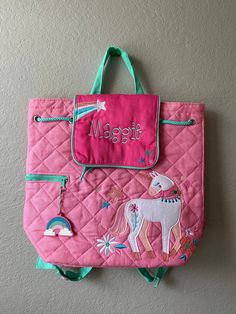 "Quilted Unicorn Backpack Send your little one off to preschool or daycare with an adorable Stephen Joseph Quilted Backpack. Kids love these unique, fun and colorful packs, and Moms love them because they're easy to care for and can also double as a diaper or change bag.. Each style of Quilted Backpack comes with a beautifully embroidered design and a fun, coordinating zipper pull - making them as individual as your child is. Want to make it even more individual? Then why not personalize it with Preschool Lunch Box, Preschool Backpack, Bunny Backpack, Girls Backpack, Unicorn Backpack, Monogram Backpack, Personalized Tie, Quilted Backpack, Toddler Backpack