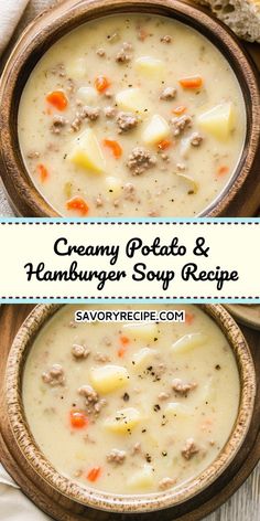 two bowls of creamy potato and hamburger soup with text overlay that reads creamy potato and hamburger soup recipe