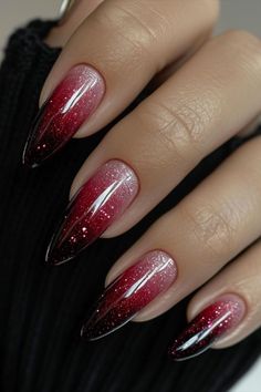 Black To Red Ombré Nails, Ombre Nails Black And Red, Black Nails With Art, Black And Red Nail Designs Acrylics, Elegant Dark Nails, Ombre Burgundy Nails, Red Acrylic Designs, Red And Black Glitter Nails, Black To Red Ombre Nails