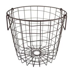 a metal wire basket with handles on the top and bottom is shown in black, against a white background