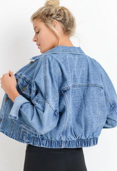 Denim jacket w/ raw front hem and smocked back hem 100% cotton hand wash Denim Jacket Ideas, Crop Denim Jacket, Oversized Clothing, Denim Shirt Jacket, Lisa Fischer, Cut Top, Blue Denim Jacket, Cute Jackets, Cropped Denim Jacket